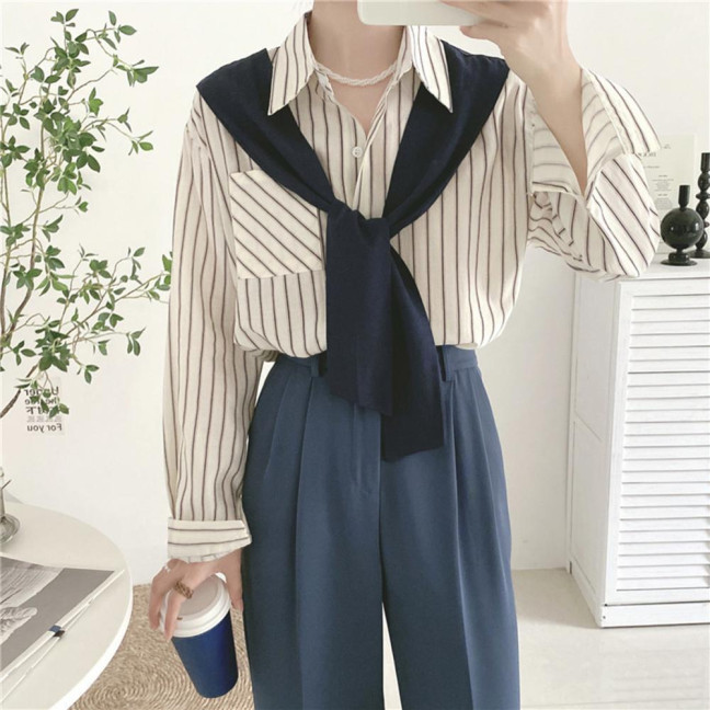 Women Shirt Lapel Long Sleeve Vertical Stripe Print Fake Two Pieces Shirt Tops Regular Fit French Style Shirt