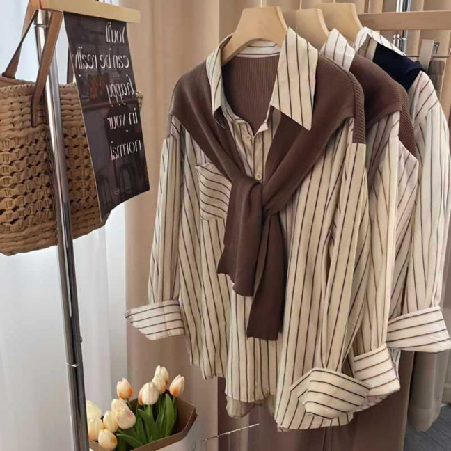 Women Shirt Lapel Long Sleeve Vertical Stripe Print Fake Two Pieces Shirt Tops Regular Fit French Style Shirt