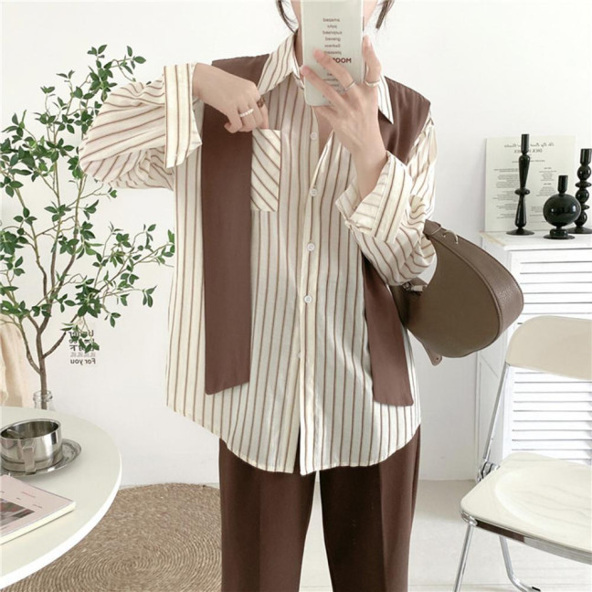 Women Shirt Lapel Long Sleeve Vertical Stripe Print Fake Two Pieces Shirt Tops Regular Fit French Style Shirt
