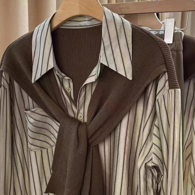 Women Shirt Lapel Long Sleeve Vertical Stripe Print Fake Two Pieces Shirt Tops Regular Fit French Style Shirt