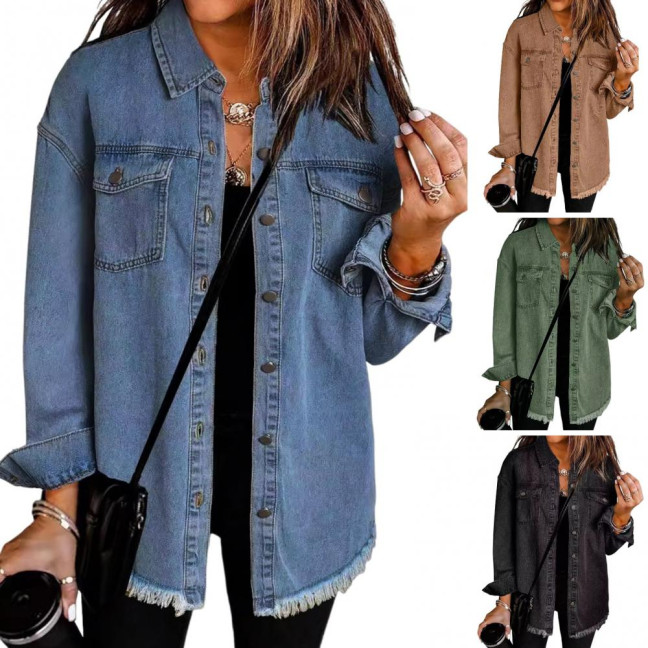 Women Denim Coat with Breast Pockets Turn-down Collar Washed Single-breasted Pure Color Wipped Edge Loose Cardigan Long Sleeve Jacket 