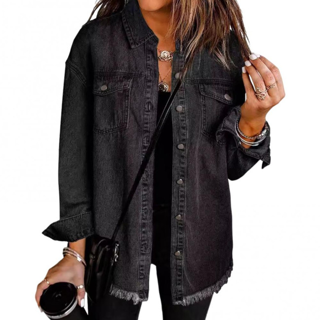 Women Denim Coat with Breast Pockets Turn-down Collar Washed Single-breasted Pure Color Wipped Edge Loose Cardigan Long Sleeve Jacket Women Denim Coat with Breast Pockets Turn-down Collar Washed Single-breasted Pure Color Wipped Edge Loose Cardigan Long Sleeve Jacket