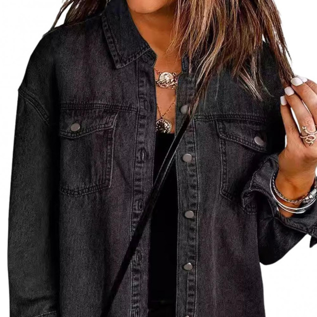 Women Denim Coat with Breast Pockets Turn-down Collar Washed Single-breasted Pure Color Wipped Edge Loose Cardigan Long Sleeve Jacket Women Denim Coat with Breast Pockets Turn-down Collar Washed Single-breasted Pure Color Wipped Edge Loose Cardigan Long Sleeve Jacket