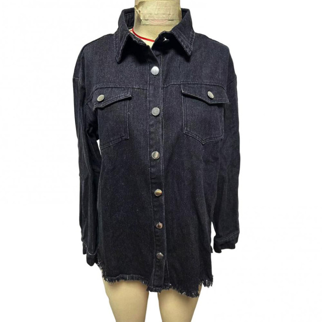 Women Denim Coat with Breast Pockets Turn-down Collar Washed Single-breasted Pure Color Wipped Edge Loose Cardigan Long Sleeve Jacket Women Denim Coat with Breast Pockets Turn-down Collar Washed Single-breasted Pure Color Wipped Edge Loose Cardigan Long Sleeve Jacket