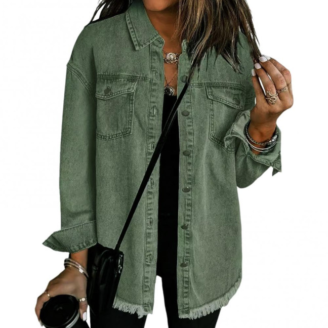 Women Denim Coat with Breast Pockets Turn-down Collar Washed Single-breasted Pure Color Wipped Edge Loose Cardigan Long Sleeve Jacket Women Denim Coat with Breast Pockets Turn-down Collar Washed Single-breasted Pure Color Wipped Edge Loose Cardigan Long Sleeve Jacket