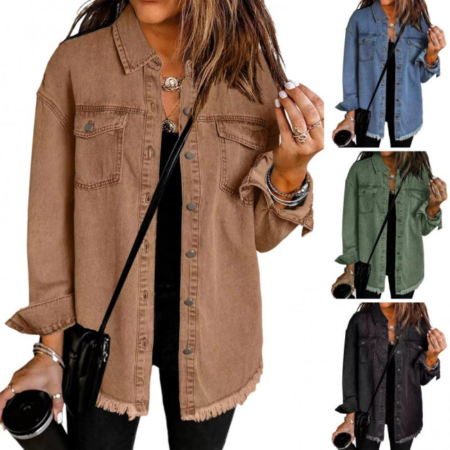 Women Denim Coat with Breast Pockets Turn-down Collar Washed Single-breasted Pure Color Wipped Edge Loose Cardigan Long Sleeve Jacket Women Denim Coat with Breast Pockets Turn-down Collar Washed Single-breasted Pure Color Wipped Edge Loose Cardigan Long Sleeve Jacket