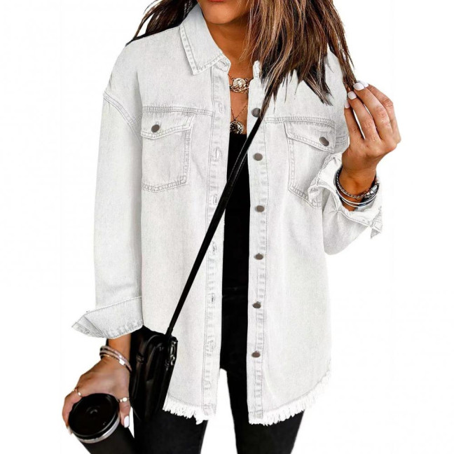 Women Denim Coat with Breast Pockets Turn-down Collar Washed Single-breasted Pure Color Wipped Edge Loose Cardigan Long Sleeve Jacket Women Denim Coat with Breast Pockets Turn-down Collar Washed Single-breasted Pure Color Wipped Edge Loose Cardigan Long Sleeve Jacket