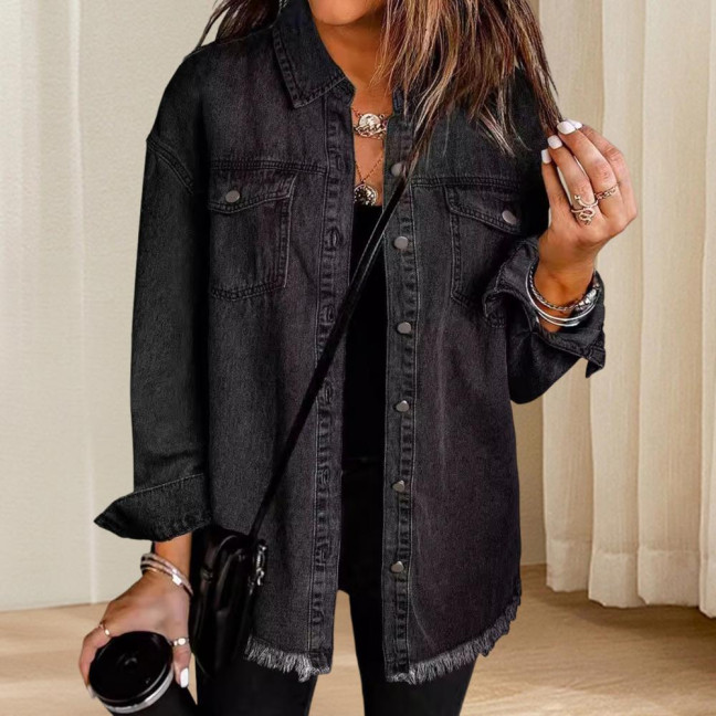 Women Denim Coat with Breast Pockets Turn-down Collar Washed Single-breasted Pure Color Wipped Edge Loose Cardigan Long Sleeve Jacket Women Denim Coat with Breast Pockets Turn-down Collar Washed Single-breasted Pure Color Wipped Edge Loose Cardigan Long Sleeve Jacket
