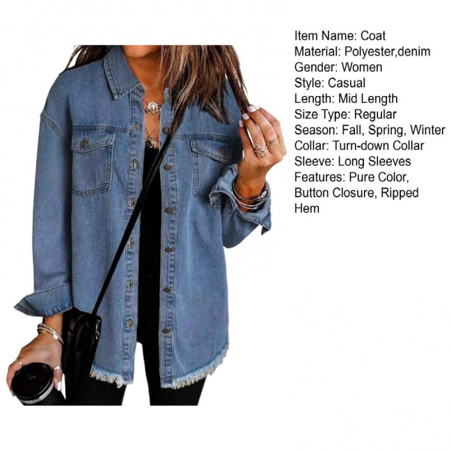 Women Denim Coat with Breast Pockets Turn-down Collar Washed Single-breasted Pure Color Wipped Edge Loose Cardigan Long Sleeve Jacket Women Denim Coat with Breast Pockets Turn-down Collar Washed Single-breasted Pure Color Wipped Edge Loose Cardigan Long Sleeve Jacket