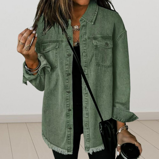 Women Denim Coat with Breast Pockets Turn-down Collar Washed Single-breasted Pure Color Wipped Edge Loose Cardigan Long Sleeve Jacket Women Denim Coat with Breast Pockets Turn-down Collar Washed Single-breasted Pure Color Wipped Edge Loose Cardigan Long Sleeve Jacket