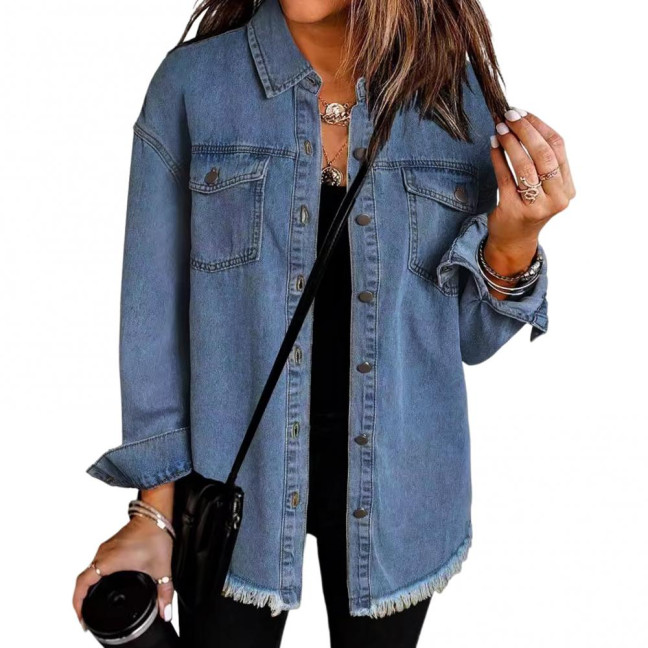Women Denim Coat with Breast Pockets Turn-down Collar Washed Single-breasted Pure Color Wipped Edge Loose Cardigan Long Sleeve Jacket Women Denim Coat with Breast Pockets Turn-down Collar Washed Single-breasted Pure Color Wipped Edge Loose Cardigan Long Sleeve Jacket