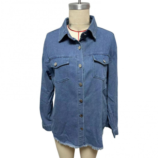 Women Denim Coat with Breast Pockets Turn-down Collar Washed Single-breasted Pure Color Wipped Edge Loose Cardigan Long Sleeve Jacket Women Denim Coat with Breast Pockets Turn-down Collar Washed Single-breasted Pure Color Wipped Edge Loose Cardigan Long Sleeve Jacket