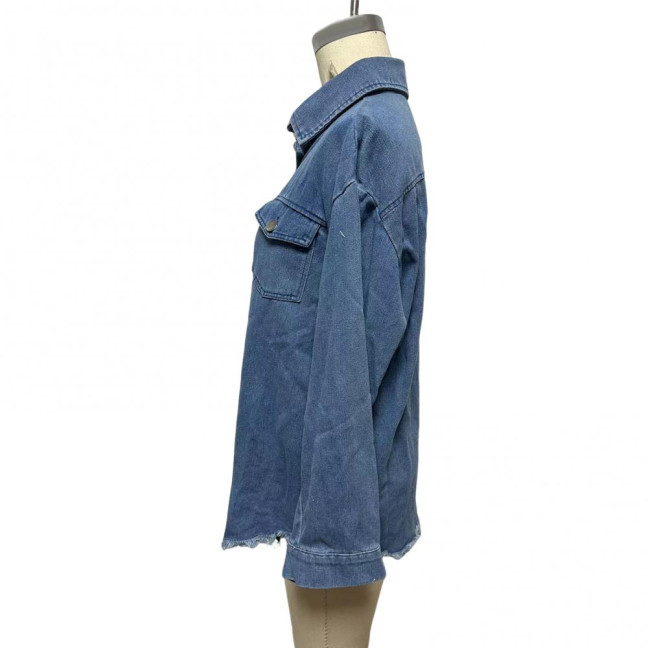 Women Denim Coat with Breast Pockets Turn-down Collar Washed Single-breasted Pure Color Wipped Edge Loose Cardigan Long Sleeve Jacket Women Denim Coat with Breast Pockets Turn-down Collar Washed Single-breasted Pure Color Wipped Edge Loose Cardigan Long Sleeve Jacket