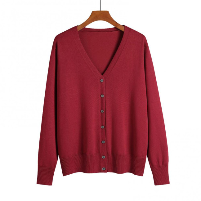 Women Knitted Cardigan Jacket Button Down V-Neck Long Sleeve Casual Sweater Solid Color Ribbed Trim Cardigan Outerwear