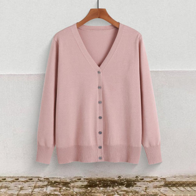 Women Knitted Cardigan Jacket Button Down V-Neck Long Sleeve Casual Sweater Solid Color Ribbed Trim Cardigan Outerwear