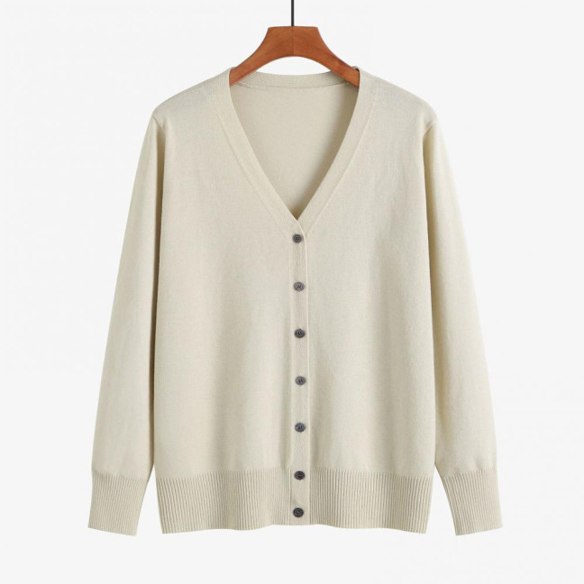 Women Knitted Cardigan Jacket Button Down V-Neck Long Sleeve Casual Sweater Solid Color Ribbed Trim Cardigan Outerwear