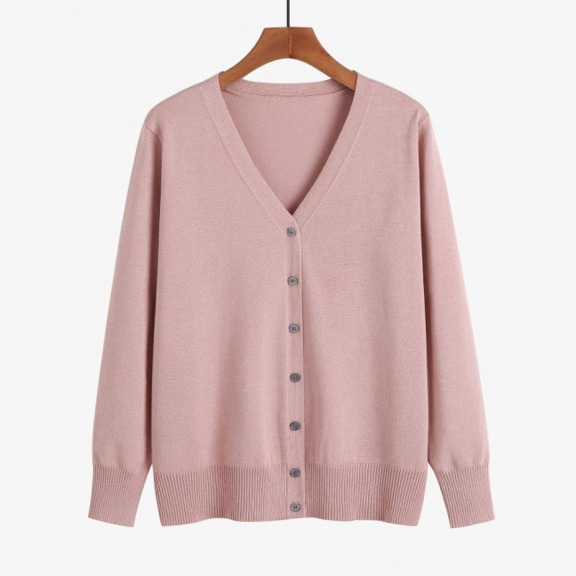 Women Knitted Cardigan Jacket Button Down V-Neck Long Sleeve Casual Sweater Solid Color Ribbed Trim Cardigan Outerwear