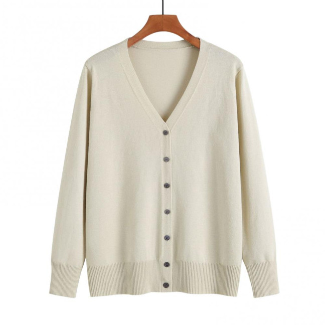 Women Knitted Cardigan Jacket Button Down V-Neck Long Sleeve Casual Sweater Solid Color Ribbed Trim Cardigan Outerwear