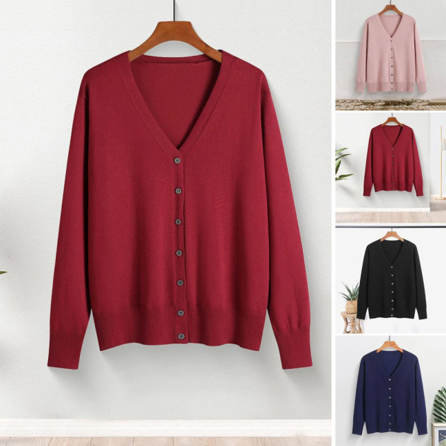 Women Knitted Cardigan Jacket Button Down V-Neck Long Sleeve Casual Sweater Solid Color Ribbed Trim Cardigan Outerwear