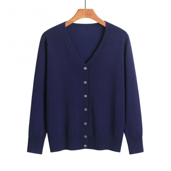 Women Knitted Cardigan Jacket Button Down V-Neck Long Sleeve Casual Sweater Solid Color Ribbed Trim Cardigan Outerwear