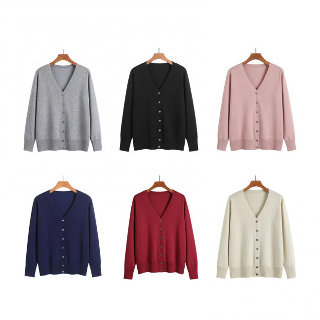 Women Knitted Cardigan Jacket Button Down V-Neck Long Sleeve Casual Sweater Solid Color Ribbed Trim Cardigan Outerwear