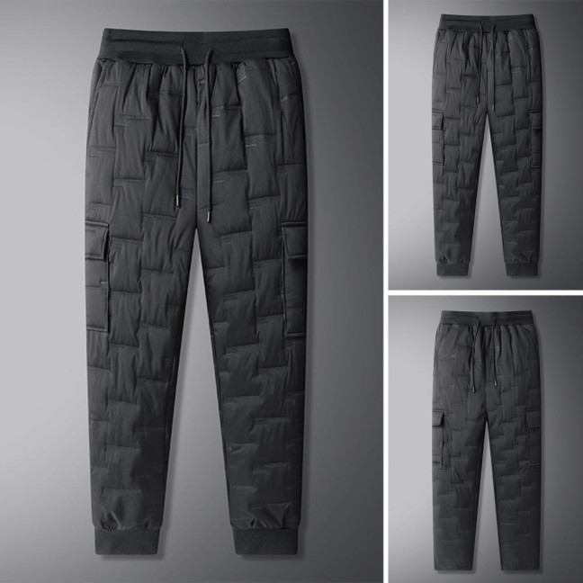 Fall Winter Men Sport Pants with Pockets Loose Elastic Waist Thick Plush Padded Loose Straight Solid Color Exercise Trousers Daily Wear Sweatpants