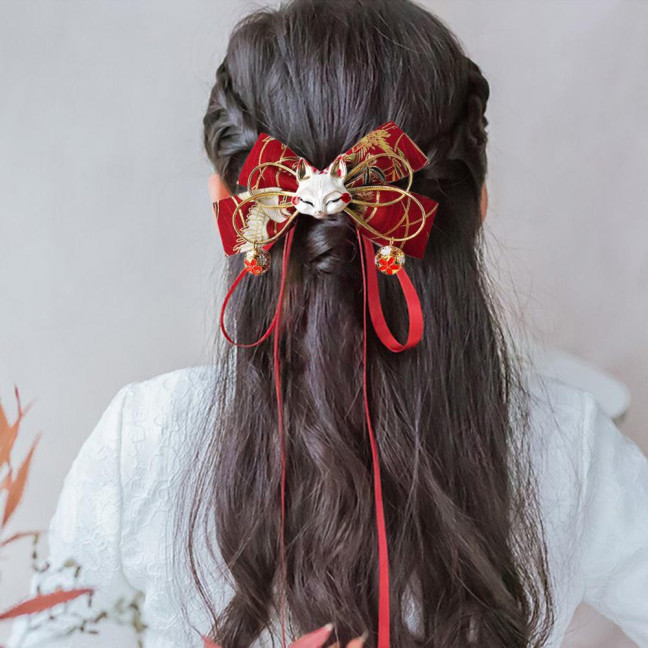 Red Bow Hairpin with Tassels Fox Decor Long Ribbon Chinese New Year Celebrations Style Cartoon Hair Accessory Red Bow Hairpin with Tassels Fox Decor Long Ribbon Chinese New Year Celebrations Style Cartoon Hair Accessory