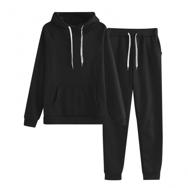 2 Pcs/Set Women Hoodie Pants Suit Solid Color Plush Long Sleeves Thick Top Elastic Waist Ankle-banded Trousers Sport Fitness Outfit Fall Winter Tracksuit