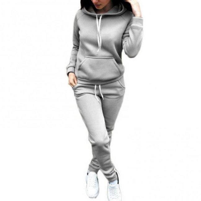 2 Pcs/Set Women Hoodie Pants Suit Solid Color Plush Long Sleeves Thick Top Elastic Waist Ankle-banded Trousers Sport Fitness Outfit Fall Winter Tracksuit