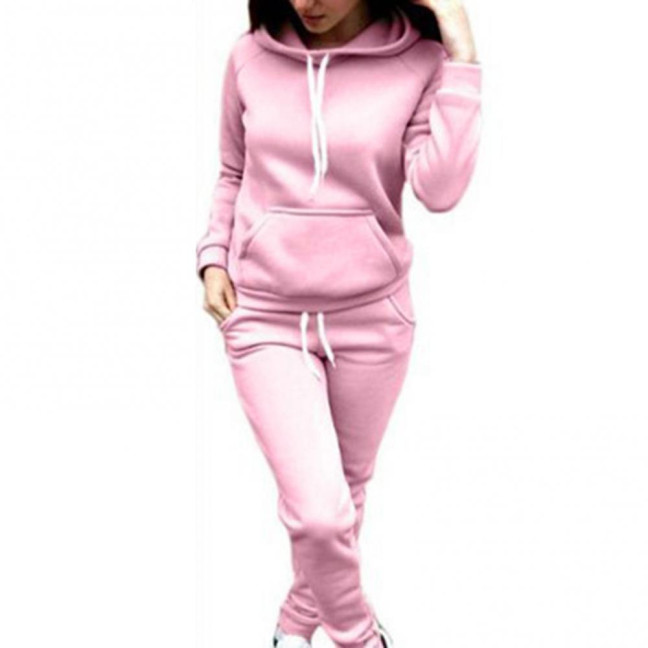 2 Pcs/Set Women Hoodie Pants Suit Solid Color Plush Long Sleeves Thick Top Elastic Waist Ankle-banded Trousers Sport Fitness Outfit Fall Winter Tracksuit