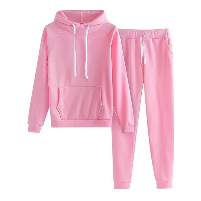 2 Pcs/Set Women Hoodie Pants Suit Solid Color Plush Long Sleeves Thick Top Elastic Waist Ankle-banded Trousers Sport Fitness Outfit Fall Winter Tracksuit