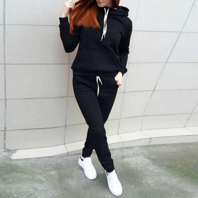 2 Pcs/Set Women Hoodie Pants Suit Solid Color Plush Long Sleeves Thick Top Elastic Waist Ankle-banded Trousers Sport Fitness Outfit Fall Winter Tracksuit