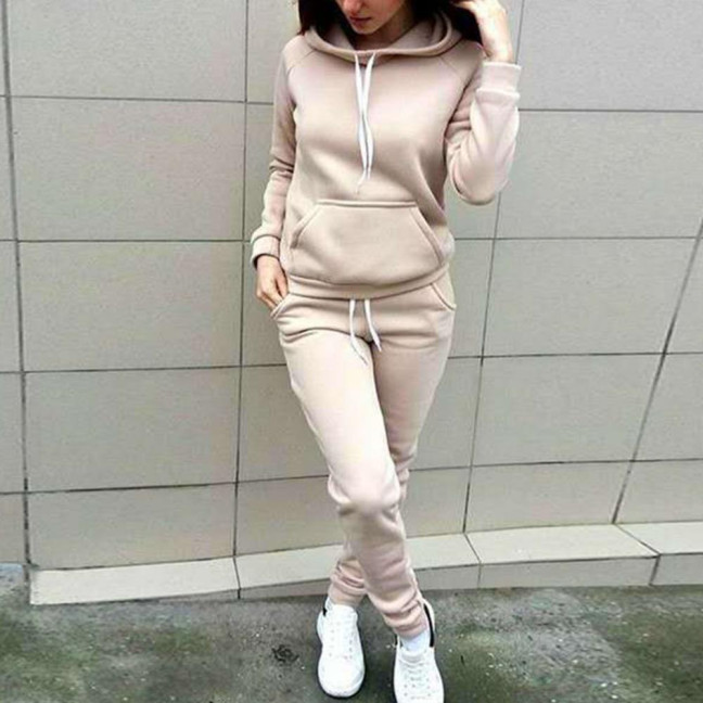 2 Pcs/Set Women Hoodie Pants Suit Solid Color Plush Long Sleeves Thick Top Elastic Waist Ankle-banded Trousers Sport Fitness Outfit Fall Winter Tracksuit
