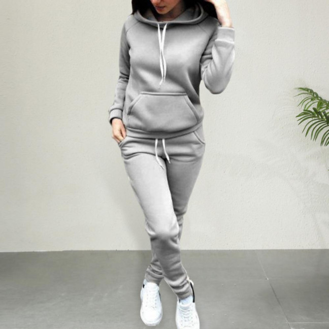 2 Pcs/Set Women Hoodie Pants Suit Solid Color Plush Long Sleeves Thick Top Elastic Waist Ankle-banded Trousers Sport Fitness Outfit Fall Winter Tracksuit