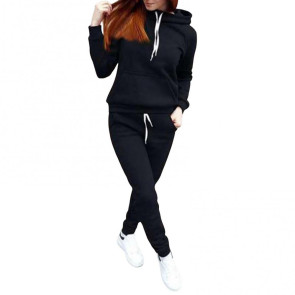 2 Pcs/Set Women Hoodie Pants Suit Solid Color Plush Long Sleeves Thick Top Elastic Waist Ankle-banded Trousers Sport Fitness Outfit Fall Winter Tracksuit