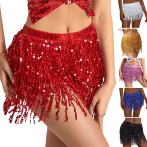 Belly Dance Sequin Tassel Skirt Sparkling Glitter Rave Fringe Mid-rise Skirt Solid Color Dance Parties Performances Skirt