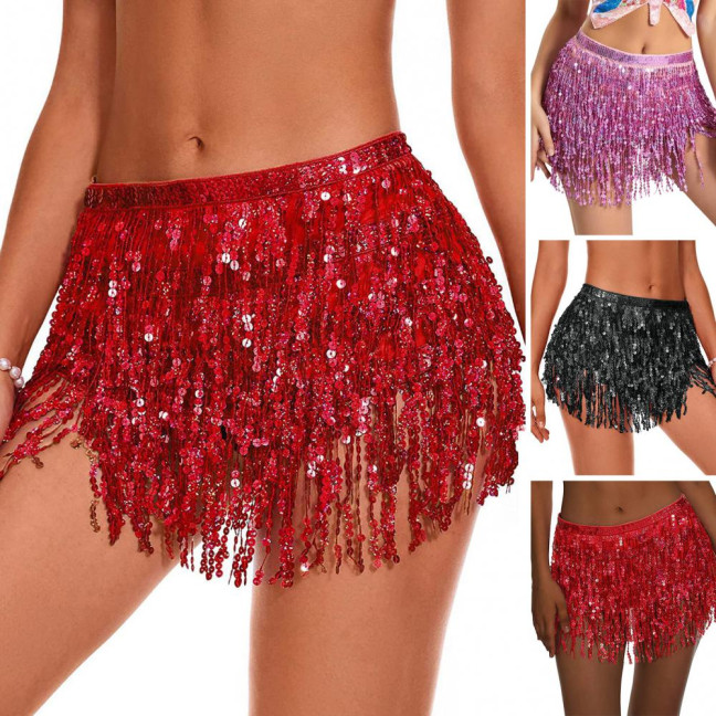 Belly Dance Sequin Tassel Skirt Sparkling Glitter Rave Fringe Mid-rise Skirt Solid Color Dance Parties Performances Skirt