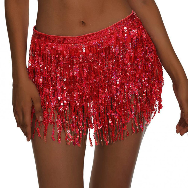 Belly Dance Sequin Tassel Skirt Sparkling Glitter Rave Fringe Mid-rise Skirt Solid Color Dance Parties Performances Skirt