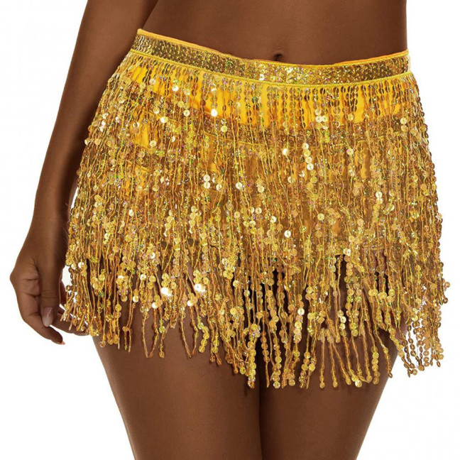 Belly Dance Sequin Tassel Skirt Sparkling Glitter Rave Fringe Mid-rise Skirt Solid Color Dance Parties Performances Skirt