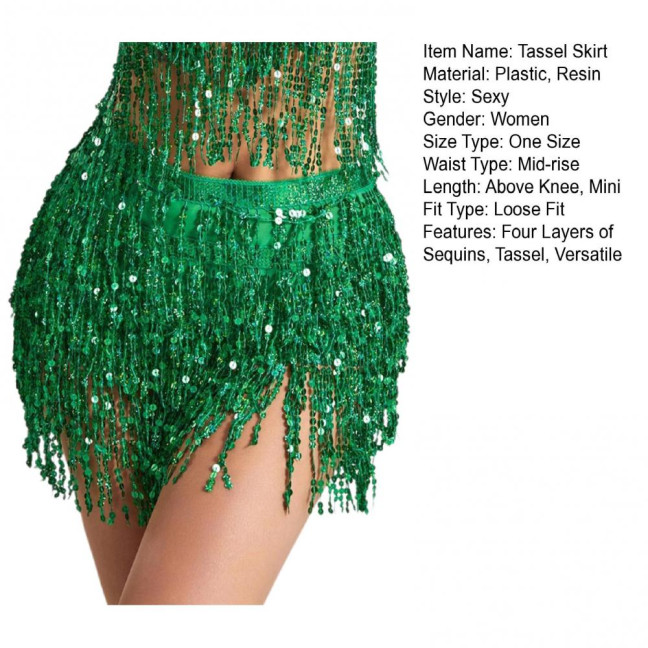 Belly Dance Sequin Tassel Skirt Sparkling Glitter Rave Fringe Mid-rise Skirt Solid Color Dance Parties Performances Skirt