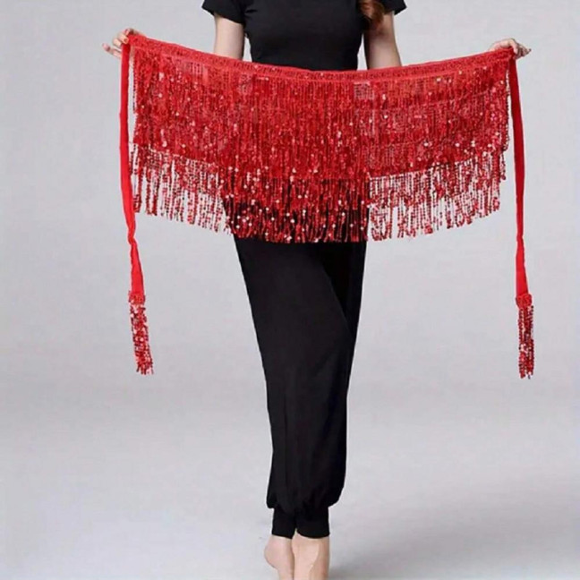 Belly Dance Sequin Tassel Skirt Sparkling Glitter Rave Fringe Mid-rise Skirt Solid Color Dance Parties Performances Skirt