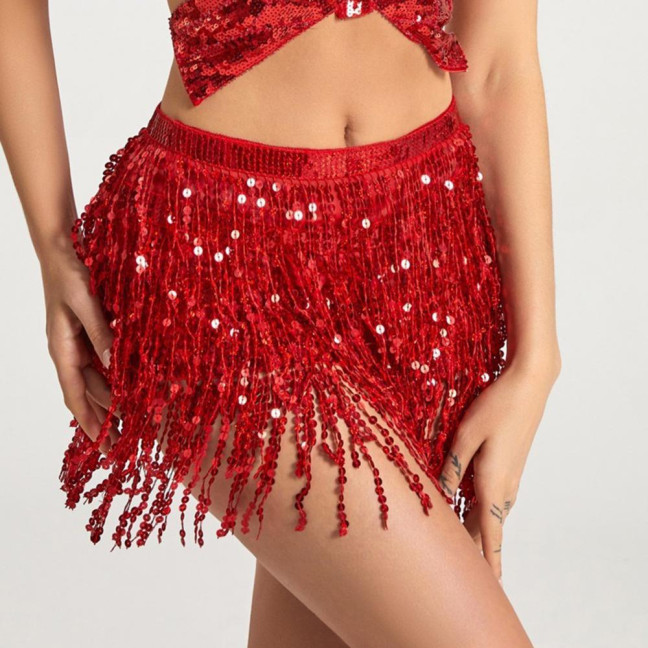 Belly Dance Sequin Tassel Skirt Sparkling Glitter Rave Fringe Mid-rise Skirt Solid Color Dance Parties Performances Skirt