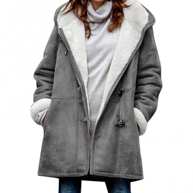 Lady Winter Coat with Hood And Pockets Thickened Fleece-lined Faux Suede Mid Length Thermal Jacket Long Sleeve Outdoor Casual Outerwear 