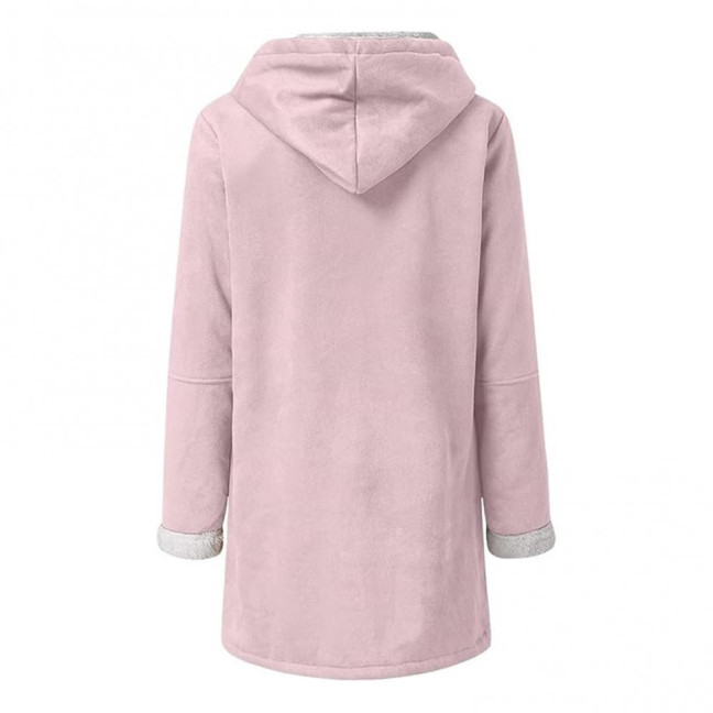 Lady Winter Coat with Hood And Pockets Thickened Fleece-lined Faux Suede Mid Length Thermal Jacket Long Sleeve Outdoor Casual Outerwear 