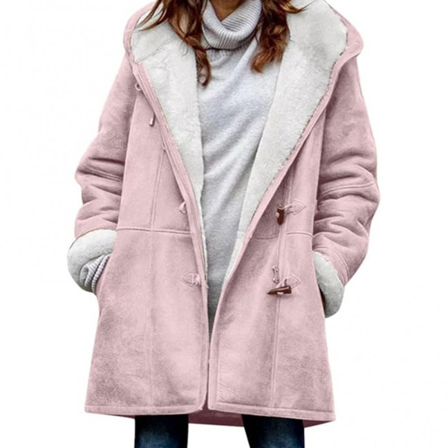 Lady Winter Coat with Hood And Pockets Thickened Fleece-lined Faux Suede Mid Length Thermal Jacket Long Sleeve Outdoor Casual Outerwear 