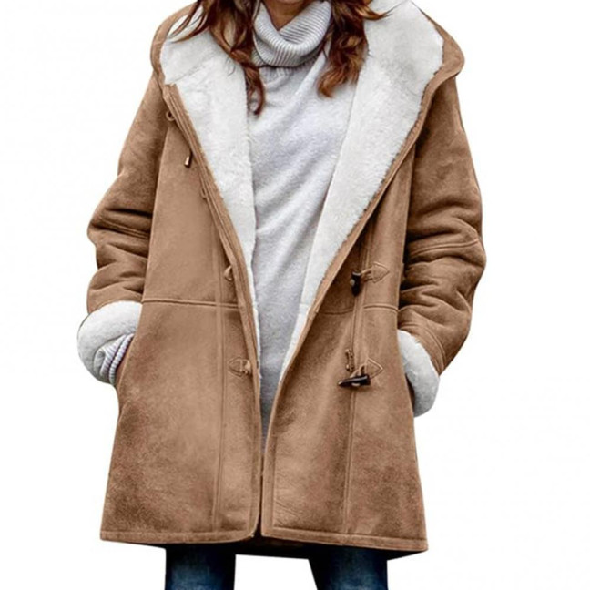 Lady Winter Coat with Hood And Pockets Thickened Fleece-lined Faux Suede Mid Length Thermal Jacket Long Sleeve Outdoor Casual Outerwear 