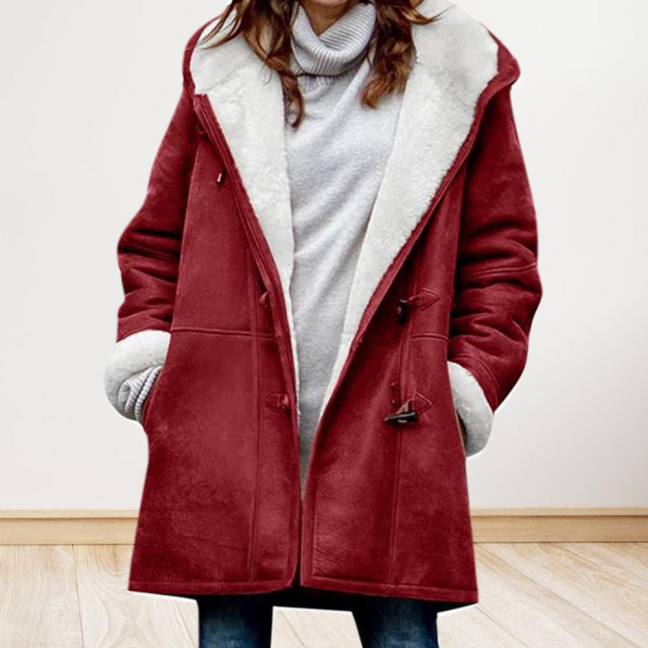 Lady Winter Coat with Hood And Pockets Thickened Fleece-lined Faux Suede Mid Length Thermal Jacket Long Sleeve Outdoor Casual Outerwear 