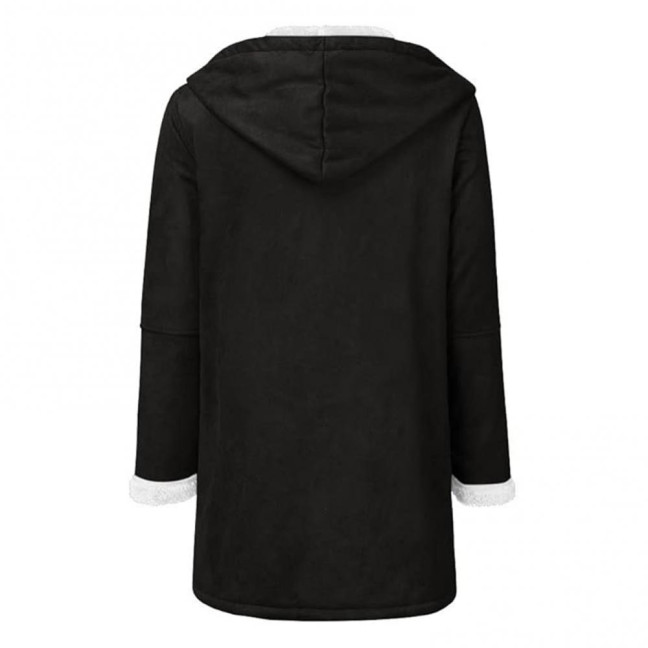 Lady Winter Coat with Hood And Pockets Thickened Fleece-lined Faux Suede Mid Length Thermal Jacket Long Sleeve Outdoor Casual Outerwear 