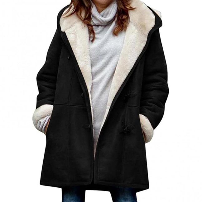 Lady Winter Coat with Hood And Pockets Thickened Fleece-lined Faux Suede Mid Length Thermal Jacket Long Sleeve Outdoor Casual Outerwear 