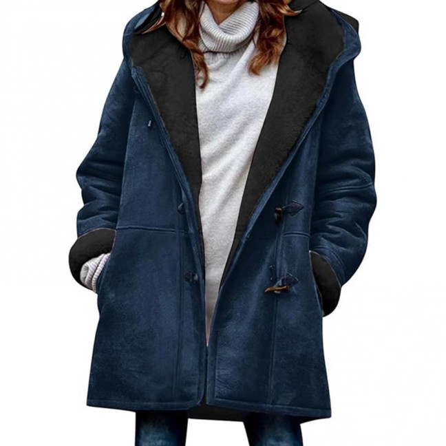 Lady Winter Coat with Hood And Pockets Thickened Fleece-lined Faux Suede Mid Length Thermal Jacket Long Sleeve Outdoor Casual Outerwear 